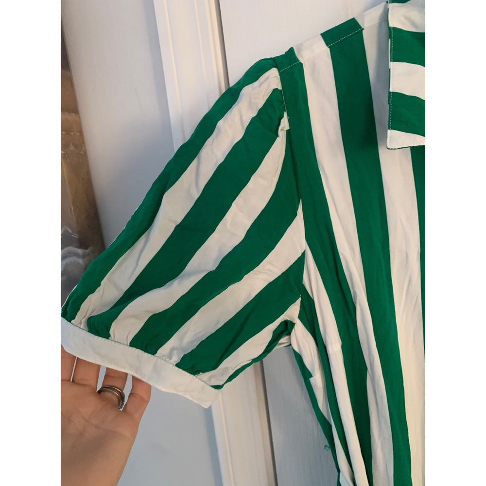 Crown & Ivy Green White Striped Midi Shirt Dress Puff Sleeve Belted Pockets L - Picture 3 of 11